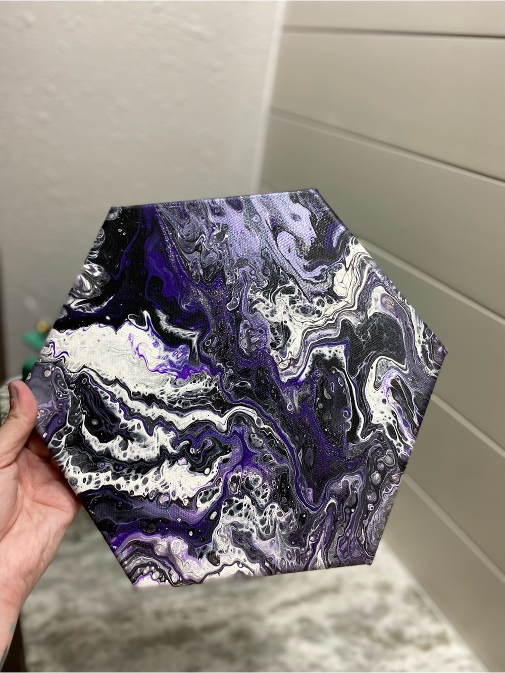 Abstract Hexagonal Canvas Art in Purple and Black w/ Glitter - Picture 3 of 8